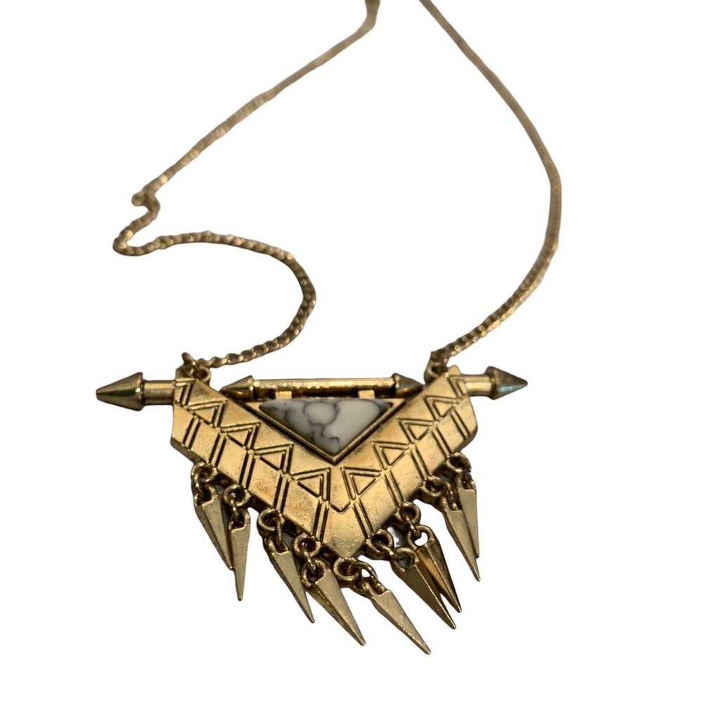 Boho triangle shaped long gold coloured necklace with faux marbled bead